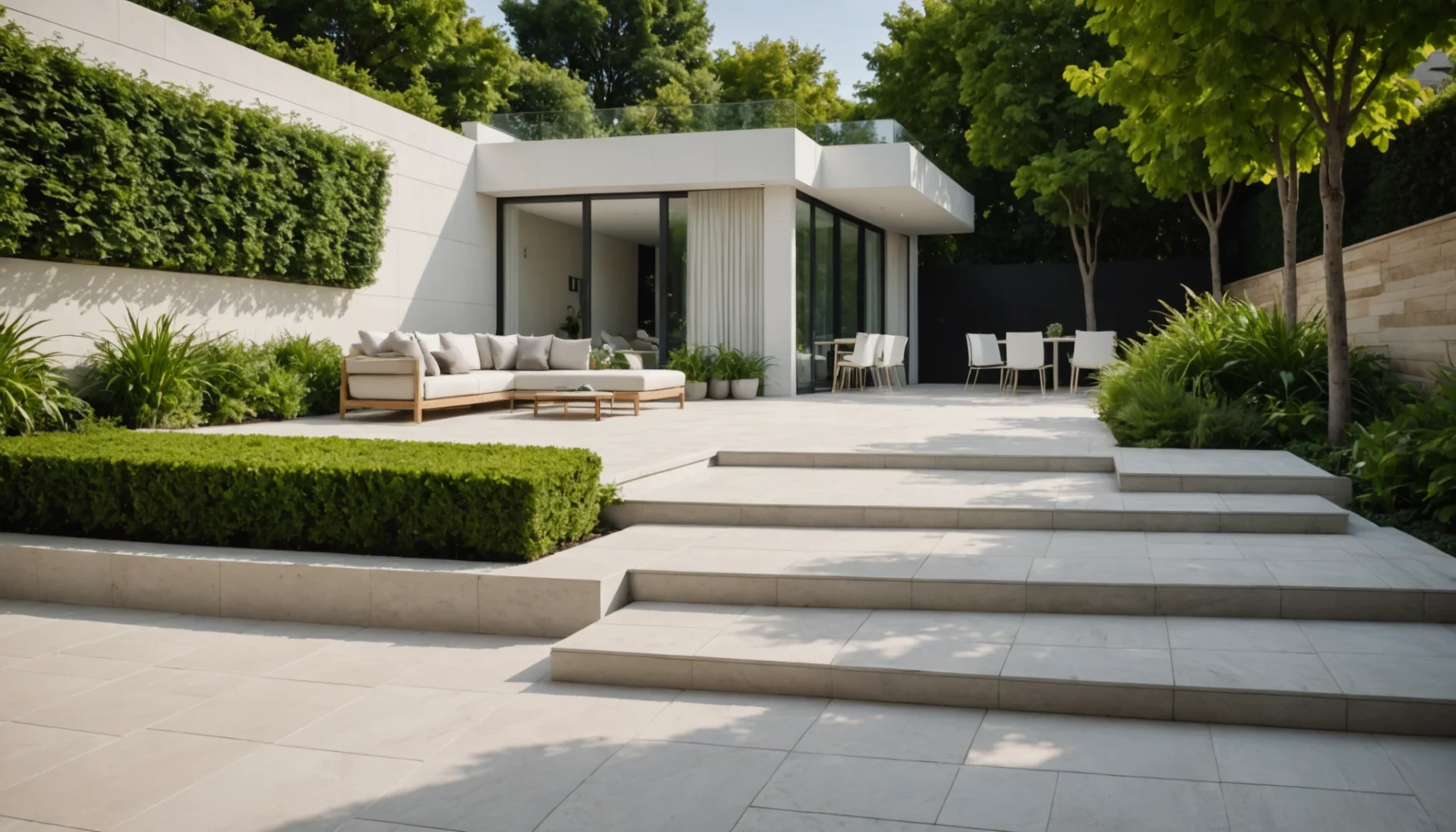 terrasse avec marches vers jardin moderne